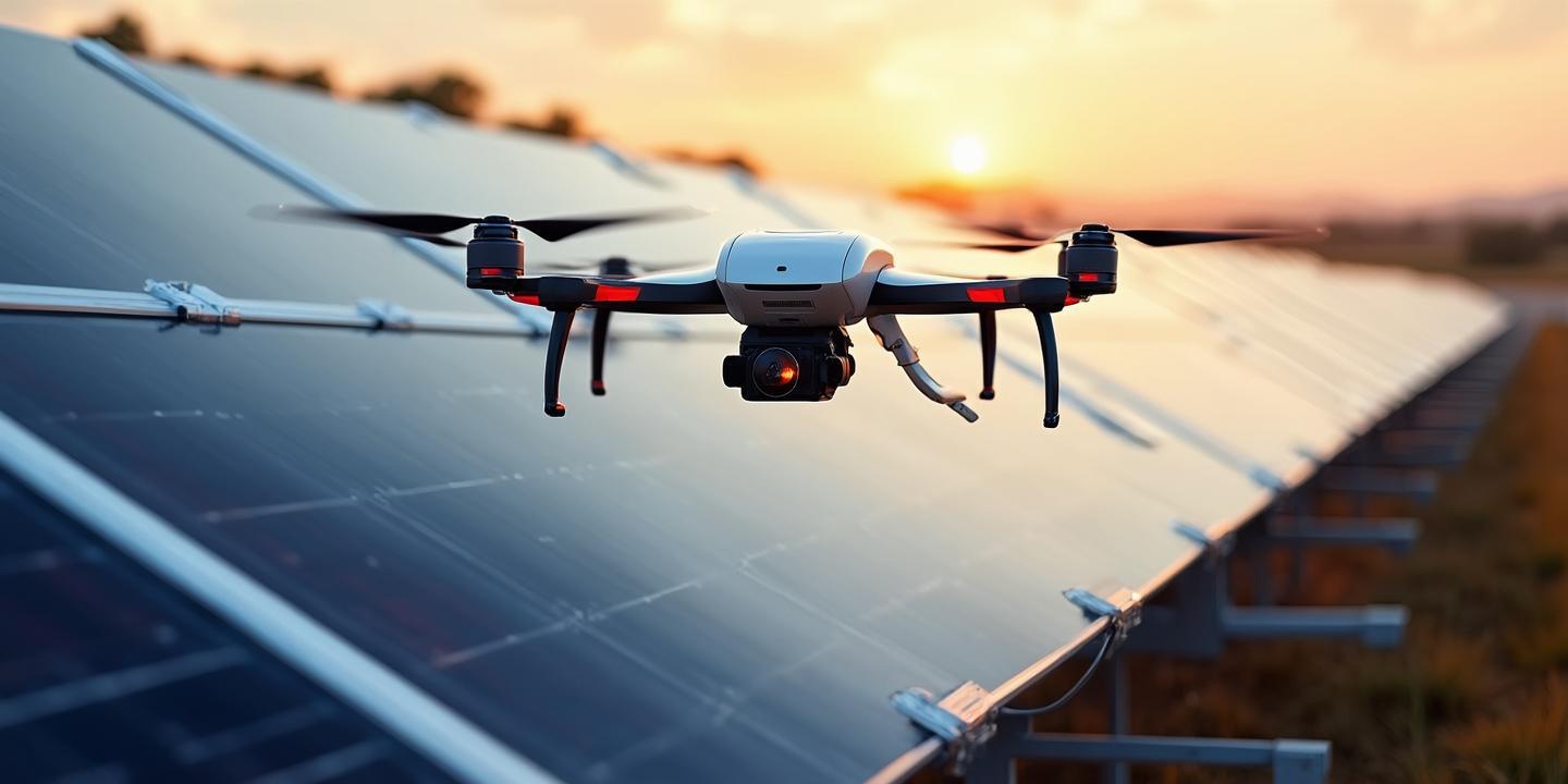 Futuristic solar farm with drone inspection